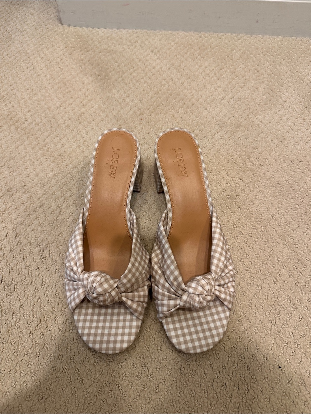 J.Crew Women's Beige Gingham Knot-Front Slide Heels